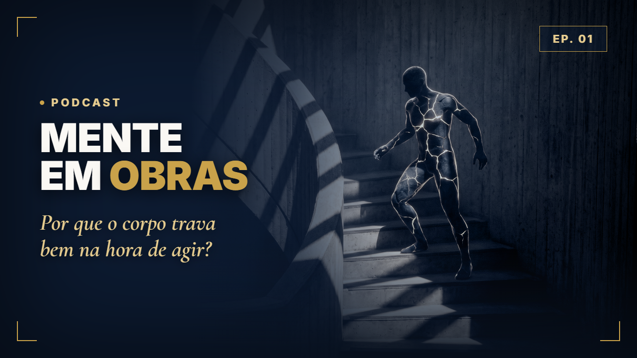 Ilustração de figura com rachaduras de luz dourada atravessando o corpo, imagem do Episódio 01 do Mente em Obras